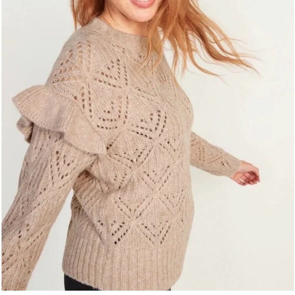 Women’s Old Navy 2X Ruffle Sleeve Tan Glitter Holiday Fall Party Sweater